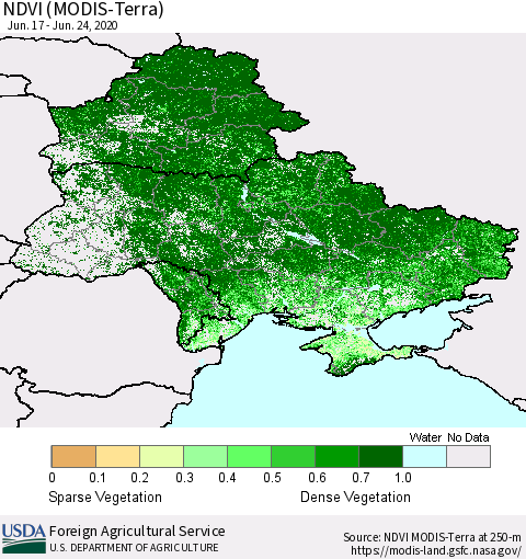 Ukraine, Moldova and Belarus NDVI (Terra-MODIS) Thematic Map For 6/21/2020 - 6/30/2020