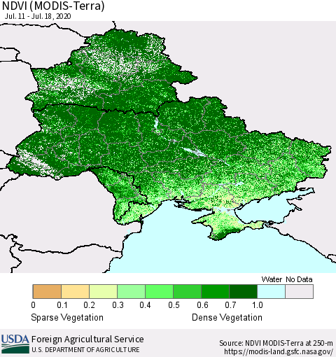 Ukraine, Moldova and Belarus NDVI (Terra-MODIS) Thematic Map For 7/11/2020 - 7/20/2020