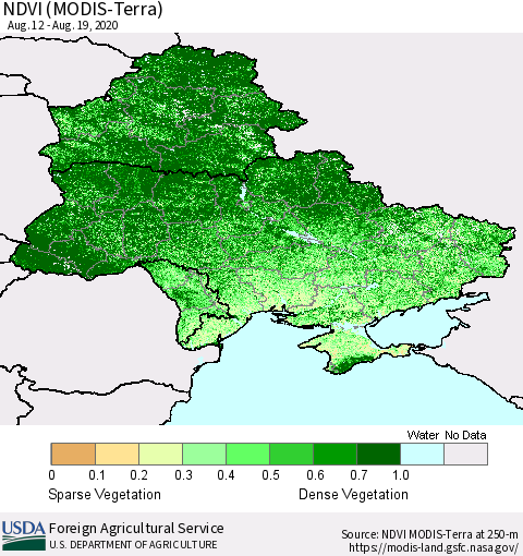 Ukraine, Moldova and Belarus NDVI (Terra-MODIS) Thematic Map For 8/11/2020 - 8/20/2020