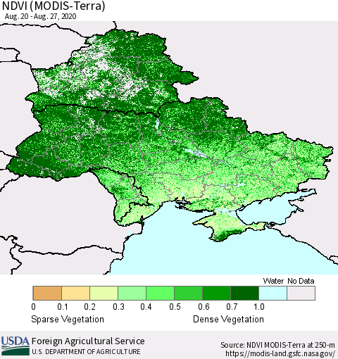 Ukraine, Moldova and Belarus NDVI (Terra-MODIS) Thematic Map For 8/21/2020 - 8/31/2020