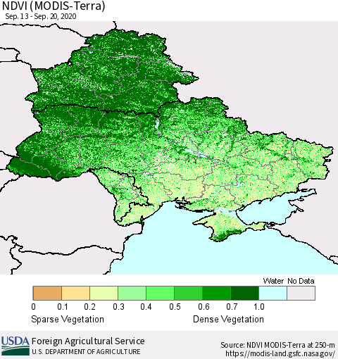 Ukraine, Moldova and Belarus NDVI (Terra-MODIS) Thematic Map For 9/11/2020 - 9/20/2020
