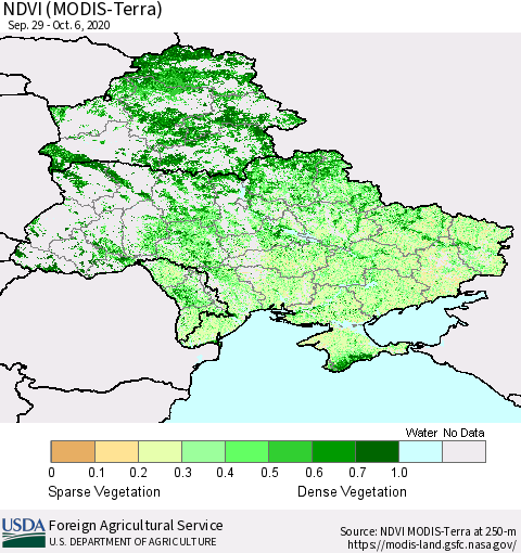 Ukraine, Moldova and Belarus NDVI (Terra-MODIS) Thematic Map For 10/1/2020 - 10/10/2020