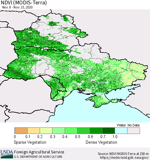 Ukraine, Moldova and Belarus NDVI (Terra-MODIS) Thematic Map For 11/11/2020 - 11/20/2020