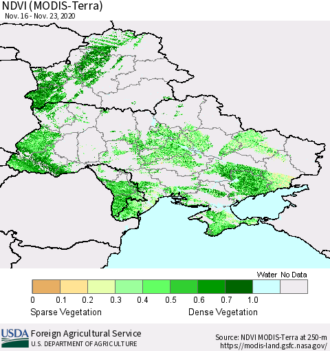 Ukraine, Moldova and Belarus NDVI (Terra-MODIS) Thematic Map For 11/21/2020 - 11/30/2020