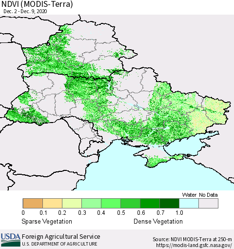 Ukraine, Moldova and Belarus NDVI (Terra-MODIS) Thematic Map For 12/1/2020 - 12/10/2020