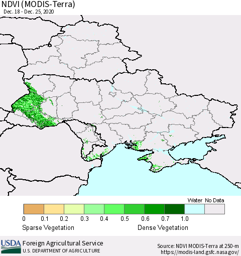 Ukraine, Moldova and Belarus NDVI (Terra-MODIS) Thematic Map For 12/21/2020 - 12/31/2020