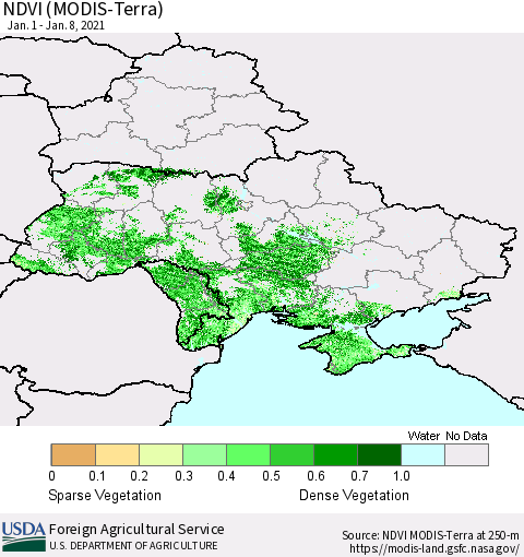 Ukraine, Moldova and Belarus NDVI (Terra-MODIS) Thematic Map For 1/1/2021 - 1/10/2021