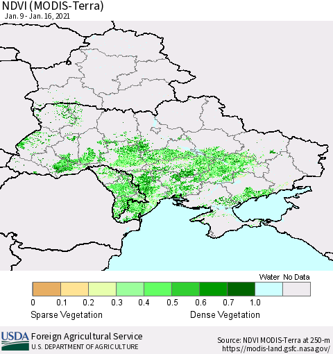 Ukraine, Moldova and Belarus NDVI (Terra-MODIS) Thematic Map For 1/11/2021 - 1/20/2021
