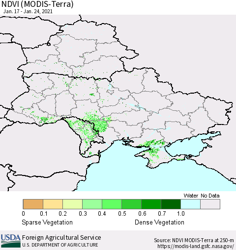 Ukraine, Moldova and Belarus NDVI (Terra-MODIS) Thematic Map For 1/21/2021 - 1/31/2021