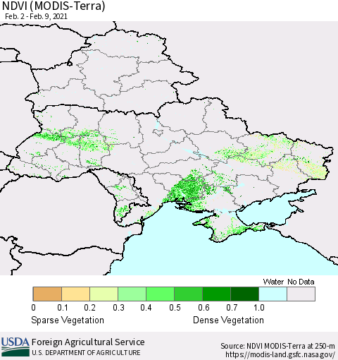 Ukraine, Moldova and Belarus NDVI (Terra-MODIS) Thematic Map For 2/1/2021 - 2/10/2021