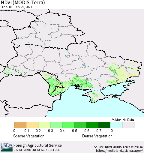 Ukraine, Moldova and Belarus NDVI (Terra-MODIS) Thematic Map For 2/21/2021 - 2/28/2021