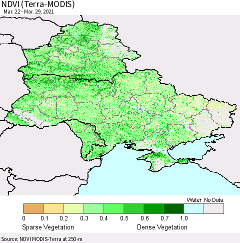 Ukraine, Moldova and Belarus NDVI (Terra-MODIS) Thematic Map For 3/22/2021 - 3/29/2021
