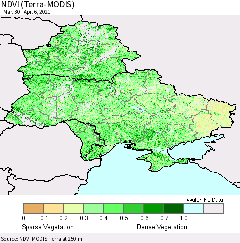 Ukraine, Moldova and Belarus NDVI (Terra-MODIS) Thematic Map For 3/30/2021 - 4/6/2021