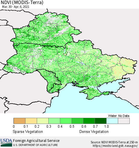 Ukraine, Moldova and Belarus NDVI (Terra-MODIS) Thematic Map For 4/1/2021 - 4/10/2021