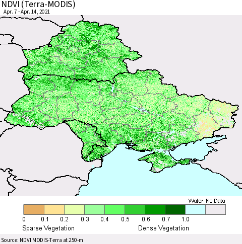 Ukraine, Moldova and Belarus NDVI (Terra-MODIS) Thematic Map For 4/7/2021 - 4/14/2021