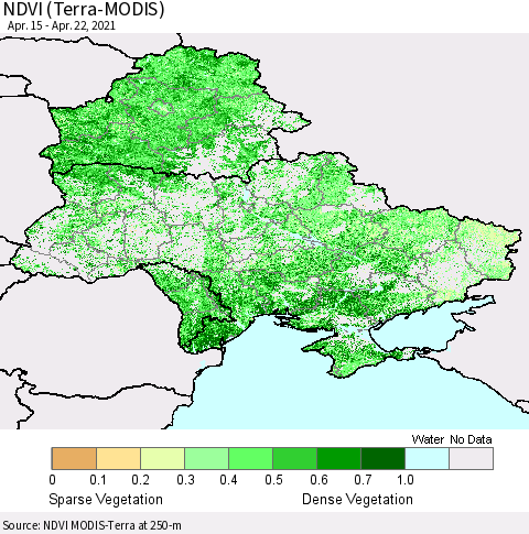 Ukraine, Moldova and Belarus NDVI (Terra-MODIS) Thematic Map For 4/15/2021 - 4/22/2021