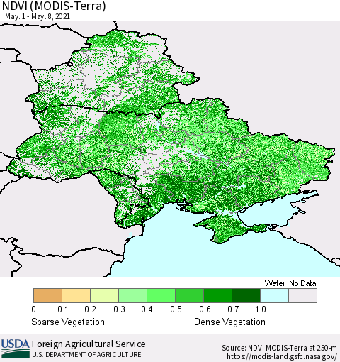Ukraine, Moldova and Belarus NDVI (Terra-MODIS) Thematic Map For 5/1/2021 - 5/10/2021