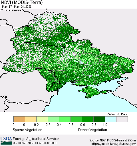 Ukraine, Moldova and Belarus NDVI (Terra-MODIS) Thematic Map For 5/21/2021 - 5/31/2021