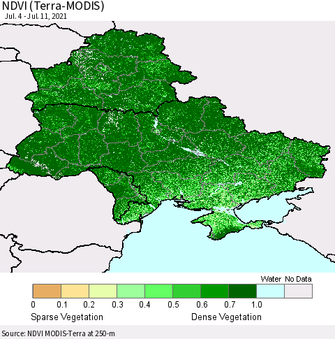 Ukraine, Moldova and Belarus NDVI (Terra-MODIS) Thematic Map For 7/4/2021 - 7/11/2021
