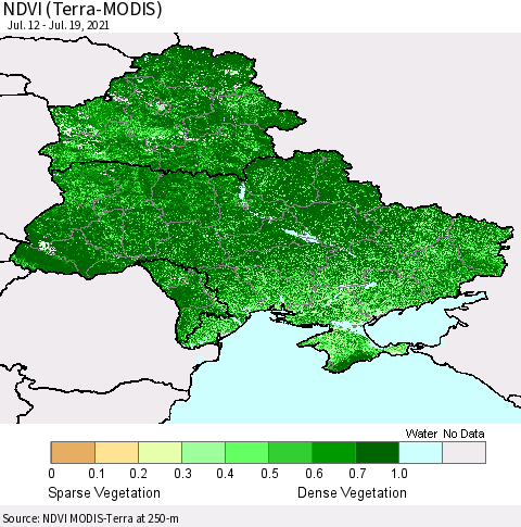 Ukraine, Moldova and Belarus NDVI (Terra-MODIS) Thematic Map For 7/12/2021 - 7/19/2021