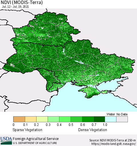 Ukraine, Moldova and Belarus NDVI (Terra-MODIS) Thematic Map For 7/11/2021 - 7/20/2021