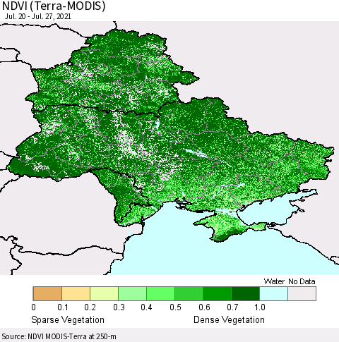Ukraine, Moldova and Belarus NDVI (Terra-MODIS) Thematic Map For 7/20/2021 - 7/27/2021