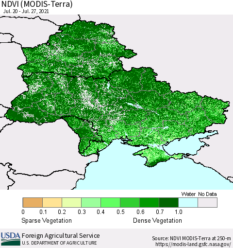 Ukraine, Moldova and Belarus NDVI (Terra-MODIS) Thematic Map For 7/21/2021 - 7/31/2021