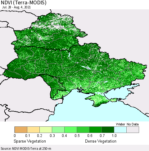 Ukraine, Moldova and Belarus NDVI (Terra-MODIS) Thematic Map For 7/28/2021 - 8/4/2021