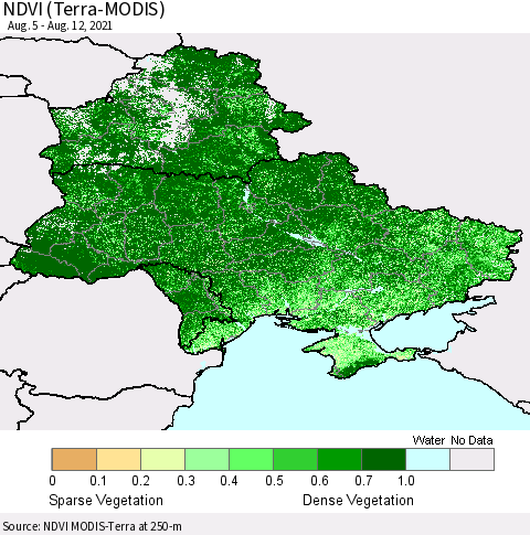 Ukraine, Moldova and Belarus NDVI (Terra-MODIS) Thematic Map For 8/5/2021 - 8/12/2021