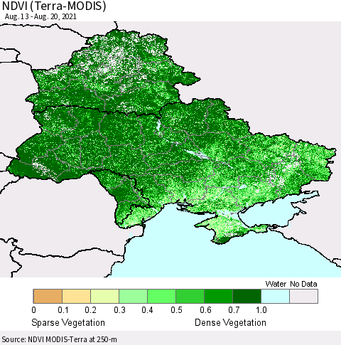 Ukraine, Moldova and Belarus NDVI (Terra-MODIS) Thematic Map For 8/11/2021 - 8/20/2021