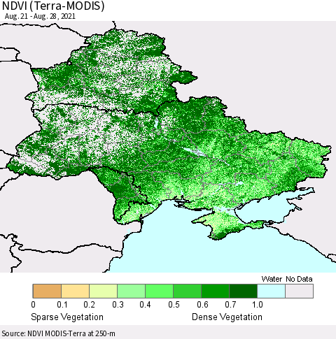 Ukraine, Moldova and Belarus NDVI (Terra-MODIS) Thematic Map For 8/21/2021 - 8/28/2021