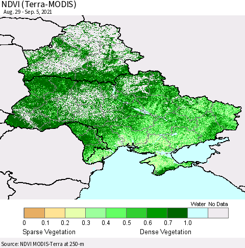 Ukraine, Moldova and Belarus NDVI (Terra-MODIS) Thematic Map For 8/29/2021 - 9/5/2021