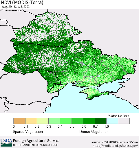Ukraine, Moldova and Belarus NDVI (Terra-MODIS) Thematic Map For 9/1/2021 - 9/10/2021
