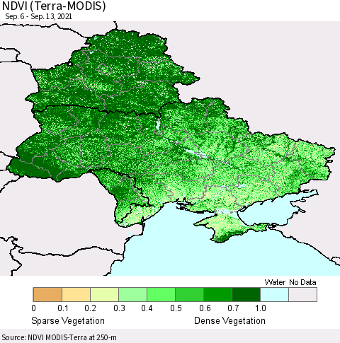 Ukraine, Moldova and Belarus NDVI (Terra-MODIS) Thematic Map For 9/6/2021 - 9/13/2021
