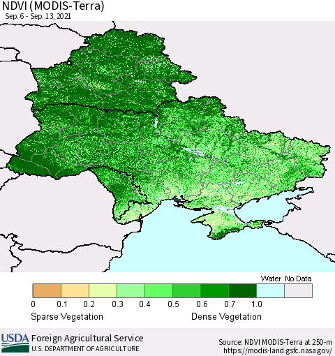 Ukraine, Moldova and Belarus NDVI (Terra-MODIS) Thematic Map For 9/11/2021 - 9/20/2021