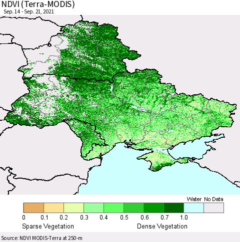 Ukraine, Moldova and Belarus NDVI (Terra-MODIS) Thematic Map For 9/14/2021 - 9/21/2021