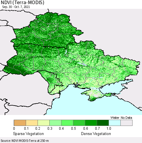 Ukraine, Moldova and Belarus NDVI (Terra-MODIS) Thematic Map For 9/30/2021 - 10/7/2021