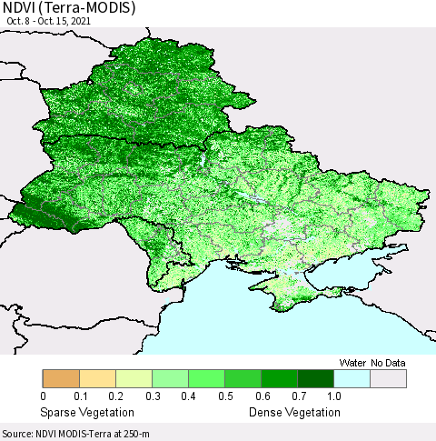 Ukraine, Moldova and Belarus NDVI (Terra-MODIS) Thematic Map For 10/8/2021 - 10/15/2021