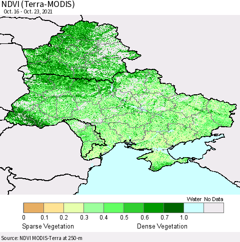 Ukraine, Moldova and Belarus NDVI (Terra-MODIS) Thematic Map For 10/16/2021 - 10/23/2021