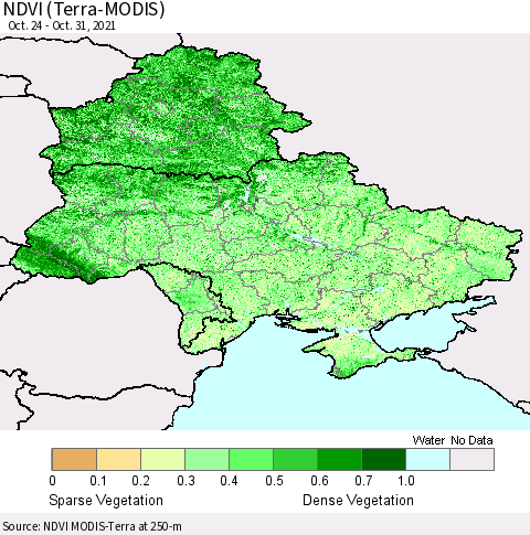 Ukraine, Moldova and Belarus NDVI (Terra-MODIS) Thematic Map For 10/21/2021 - 10/31/2021