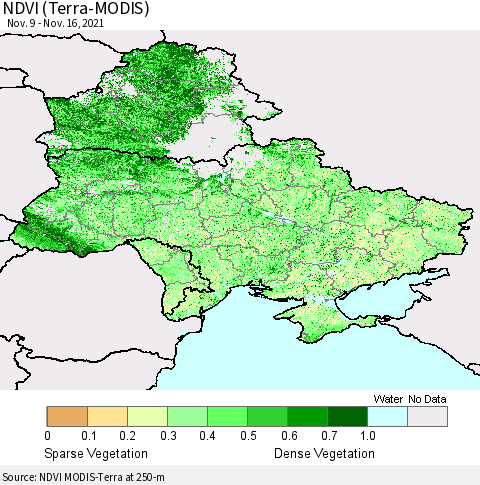 Ukraine, Moldova and Belarus NDVI (Terra-MODIS) Thematic Map For 11/9/2021 - 11/16/2021