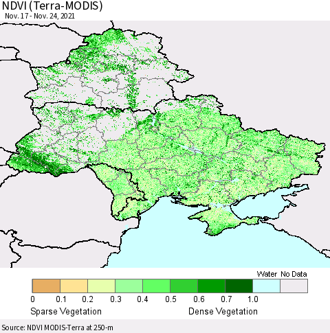 Ukraine, Moldova and Belarus NDVI (Terra-MODIS) Thematic Map For 11/17/2021 - 11/24/2021