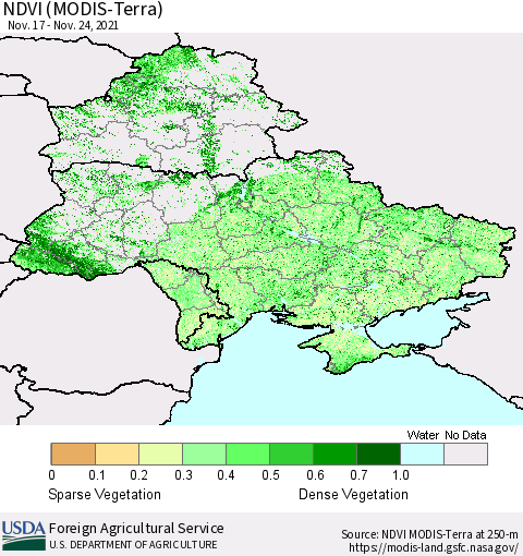 Ukraine, Moldova and Belarus NDVI (Terra-MODIS) Thematic Map For 11/21/2021 - 11/30/2021