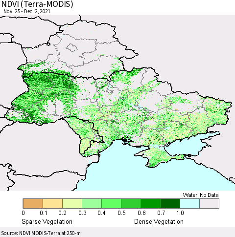 Ukraine, Moldova and Belarus NDVI (Terra-MODIS) Thematic Map For 11/25/2021 - 12/2/2021