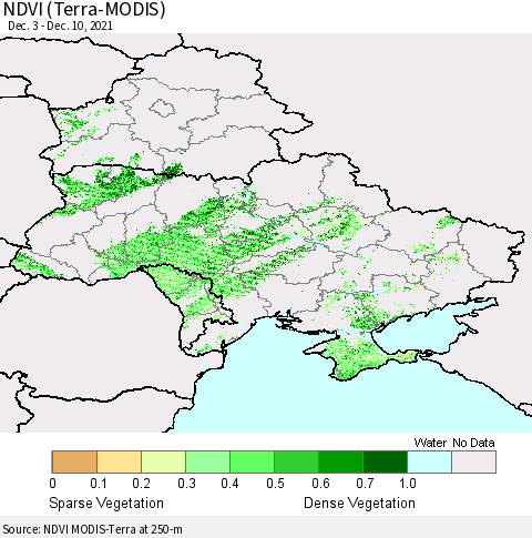 Ukraine, Moldova and Belarus NDVI (Terra-MODIS) Thematic Map For 12/1/2021 - 12/10/2021