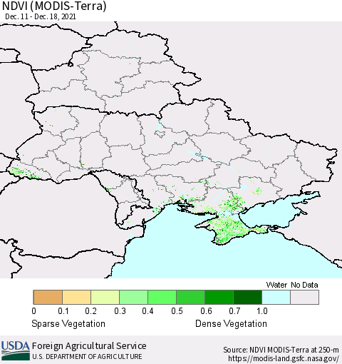 Ukraine, Moldova and Belarus NDVI (Terra-MODIS) Thematic Map For 12/11/2021 - 12/20/2021