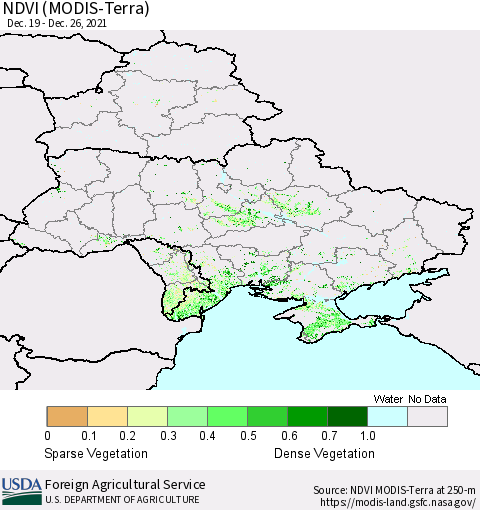 Ukraine, Moldova and Belarus NDVI (Terra-MODIS) Thematic Map For 12/21/2021 - 12/31/2021