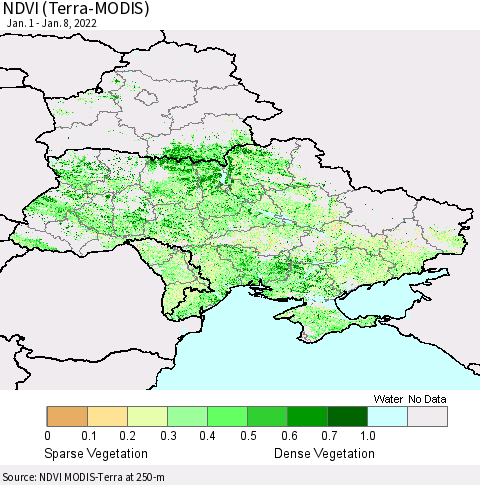 Ukraine, Moldova and Belarus NDVI (Terra-MODIS) Thematic Map For 1/1/2022 - 1/8/2022