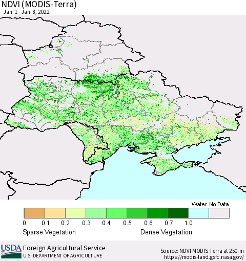 Ukraine, Moldova and Belarus NDVI (Terra-MODIS) Thematic Map For 1/1/2022 - 1/10/2022