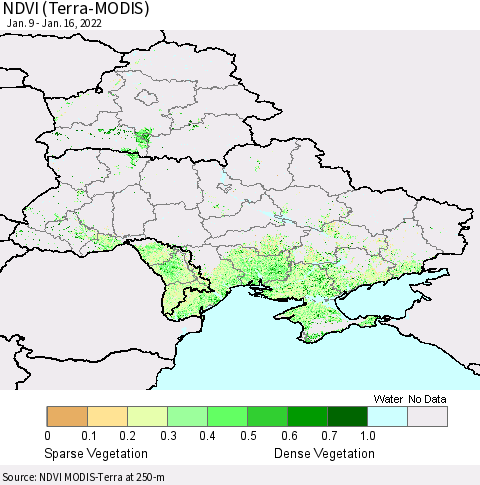Ukraine, Moldova and Belarus NDVI (Terra-MODIS) Thematic Map For 1/9/2022 - 1/16/2022